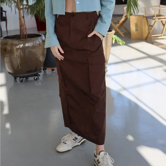 Brown Nylon Cargo Maxi Skirt - Picture 1 of 3